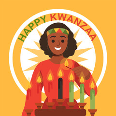 hindu Cartoon graphic of kwanzaa festival celebration, black woman smiling, red shirt and lighting candles, green, black, red, image conveys warmth and happiness.