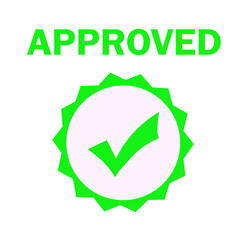 green check mark stamp approved graphic icon on white background
