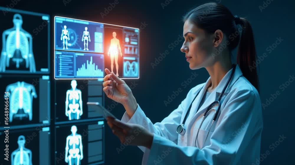 Poster a scientist examining data on a tablet, possibly in a laboratory setting
