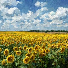 Obraz premium Sunflowers blooming under a summer sky in a vast field, idyllic landscape for peaceful moments