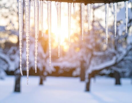 Icicles hanging from branch in winter