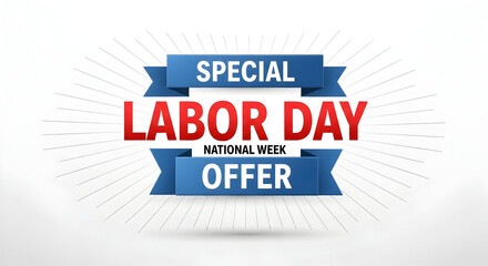 Labor Day Special Offer Banner with Blue Ribbons and Text.