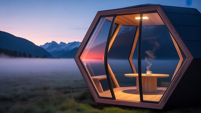 Cabin with a cup of coffee on the table in front of a lake