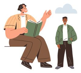 Obraz na płótnie Canvas Two men in casual conversation, one reading and gesturing, another standing and listening. Ideal for education, communication, relationship, storytelling, mentorship, casual interaction learning