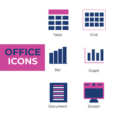 Office Icons Set Table, Grid, Bar, Graph, Document, and Screen Illustrations