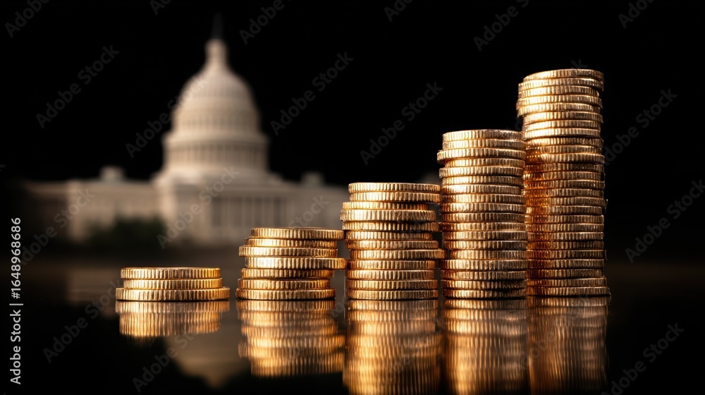 Poster Close-up of stacked gold coins arranged in increasing height with the Capitol building in the background under dark lighting