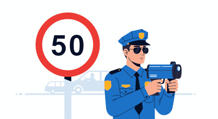 Fototapeta premium Enforcement Officer Using Speed Gun by a Speed Limit Warning Sign