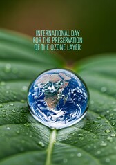 International Day for the Preservation of the Ozone Layer, Earth reflection in water drop on green leaf