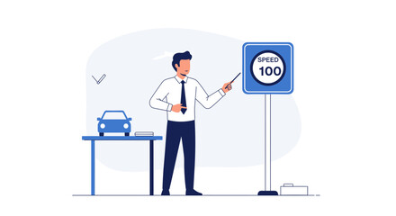 Driving School Instructor Explaining The Speed Limit With Car Model