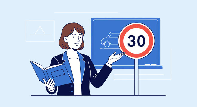 Driving Instructor Teaching Speed Limit With A Textbook And Drawing Of A Car