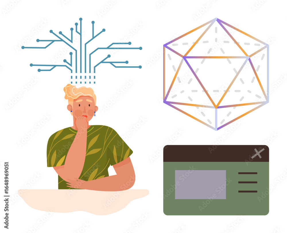 Poster man deep in thought surrounded by a circuit-inspired pattern, 3d geometric shape, and a simple user 