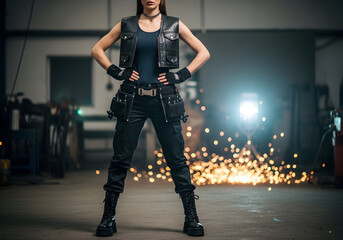 Naklejka premium Confident Woman in Black Outfit Posing with Sparks in Workshop.