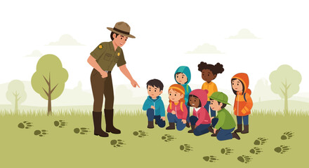 Educational wilderness exploration ranger guiding children through nature discovery and animal track identification learning about wildlife