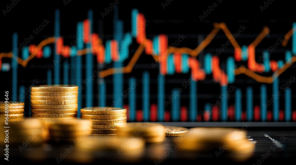 Poster close-up of stacked gold coins in front of a digital financial chart with colorful candlesticks and 