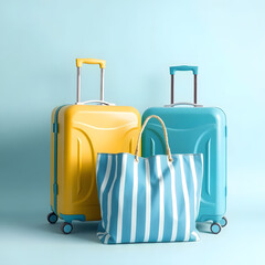 beach bag side of yellow and blue suitcase isolated on blue background