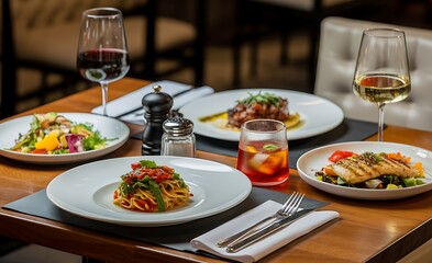 Elegant dinner spread with multiple courses and wine glasses