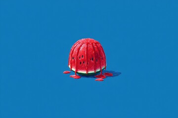 A vibrant, glossy watermelon slice, dripping with its own juice, sits on a bold blue background