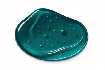 Turquoise cosmetic gel splashing, forming iridescent bubbles against transparent surface, highlighting skincare product dynamic texture