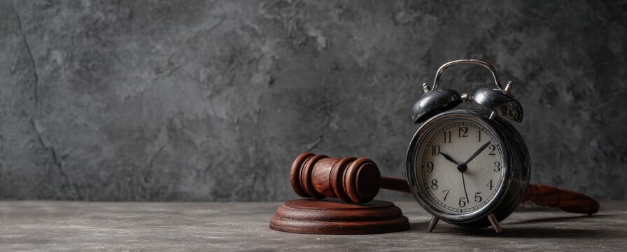 A close-up shot captures a gavel and an alarm clock, symbolizing legal proceedings and time constraints in a courtroom setting.