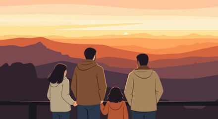 Obraz premium Family Bonding Admiring The Beautiful Mountain Range Sunset Together In Harmony