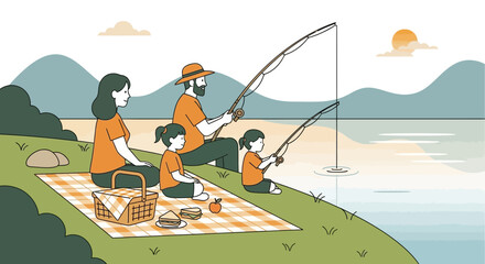 Family Fishing Trip by the Lake: Dad, Mom, and Daughters Enjoying a Picnic and Fishing Together on a Sunny Day