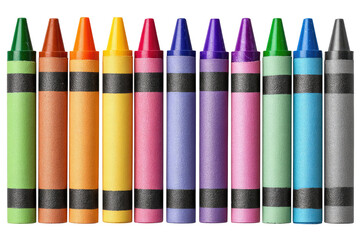 Row of colorful crayons, various shades, black stripes