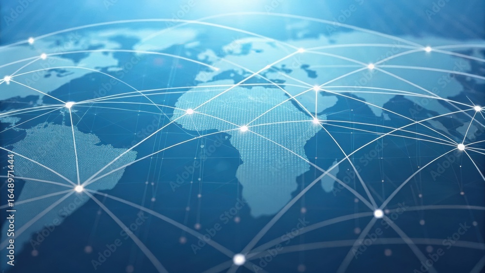 Poster digital global network illustration with interconnected lines over a map of the world, symbolizing t