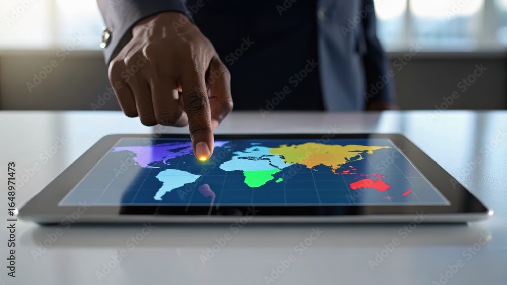 Aufkleber a hand points at a digital tablet displaying a colorful world map, symbolizing technology and global