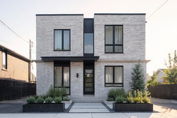 Modern architectural design of a minimalist house featuring a sleek facade, large windows, and landscaped surroundings in an urban neighborhood during daylight