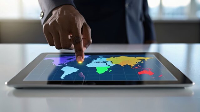 A hand points at a digital tablet displaying a colorful world map, symbolizing technology and global connectivity.