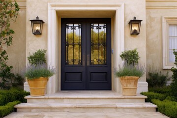 Fototapeta premium Elegant entrance with sophisticated black doors, illuminated by lanterns, surrounded by lush greenery and potted plants during the afternoon