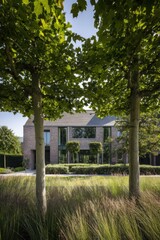 Fototapeta premium Modern house framed by trees in a landscaped garden during bright daylight captures contemporary architecture and serene nature