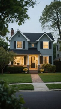 Two-story suburban home with blue siding, black shutters, and a well-maintained lawn at dusk