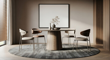 Modern dining room with round rug and abstract art