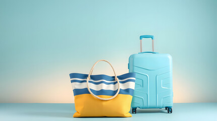 beach bag side of blue suitcase isolated on a pastel background