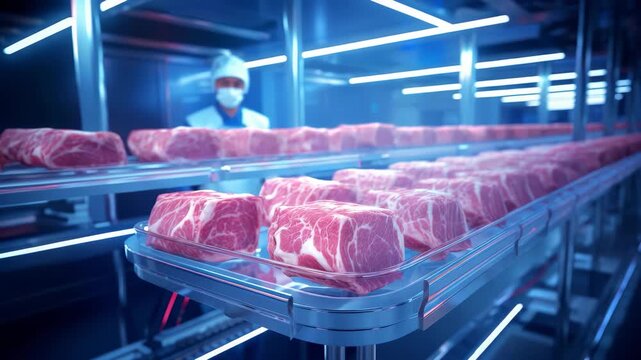 Meat processing line in industrial food factory