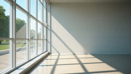 Obraz premium Empty Sunlit Room with Large Glass Windows 