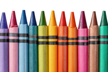 Row of brightly colored crayons,  sharpened points aligned.  Evenly spaced,  showing various hues of the rainbow