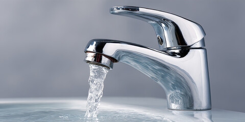 Stylish chrome faucet with single lever and steady water flow into sink.