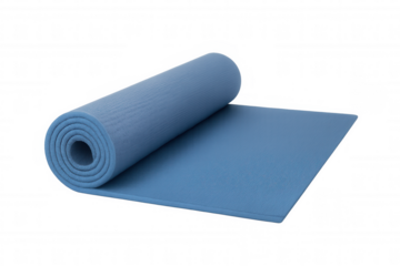 Blue yoga mat rolled up, highlighting wellness lifestyle, personal fitness, and mindful exercise routine for relaxation