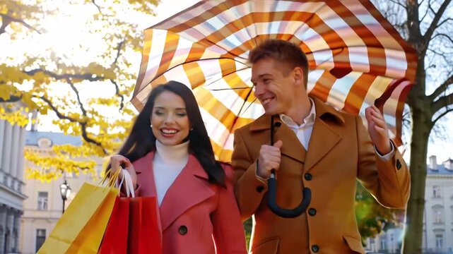 positive fashionable stylish young couple woman and man with shopping bags walking in autumn city, umbrella - Powered by Adobe