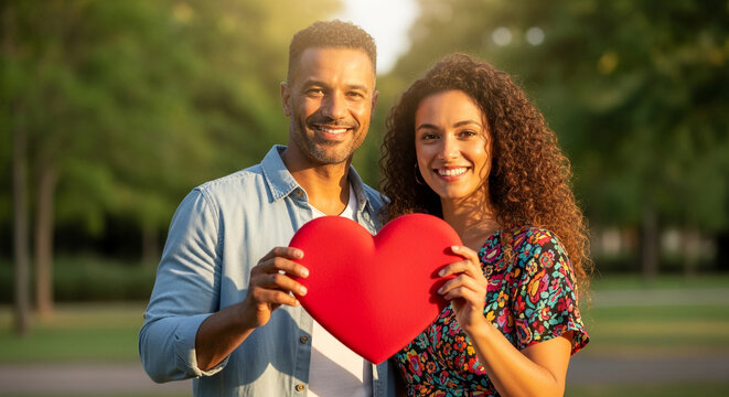 Happy multiethnic couple holding a red heart symbol of love outdoors in a sunny park