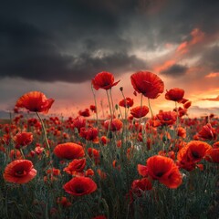 Fototapeta premium Sunset Poppies Field Dramatic Sky Landscape Remembrance