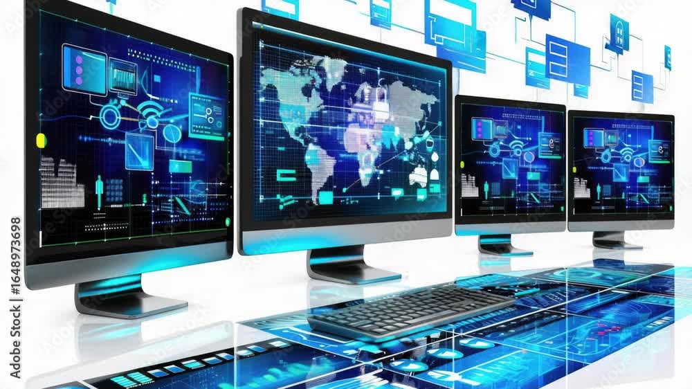 Poster a row of computer monitors sitting on a desk