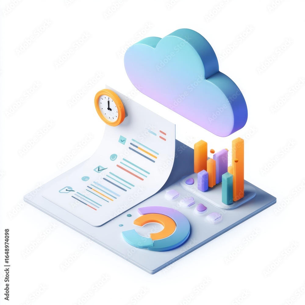 Poster cloud computing concept with data charts and digital documents on a tablet screen