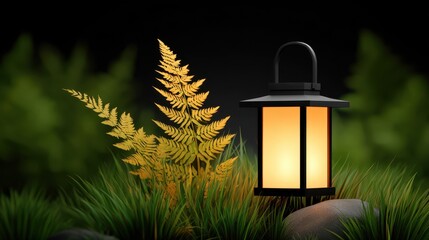 A serene scene featuring a lantern beside vibrant fern foliage.