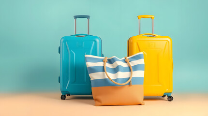 beach bag side of yellow and blue suitcase isolated on blue background