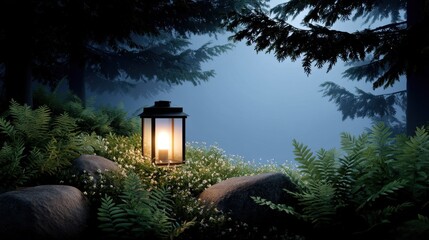 A serene lantern glowing softly in a misty forest filled with ferns and flowers.