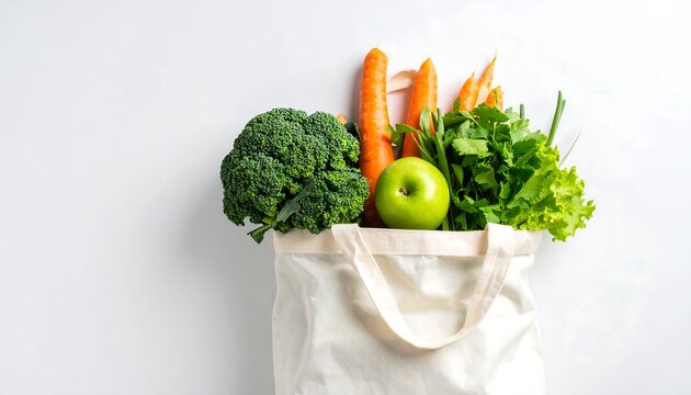 Fresh Produce in Reusable Cotton Tote Bag on White Background