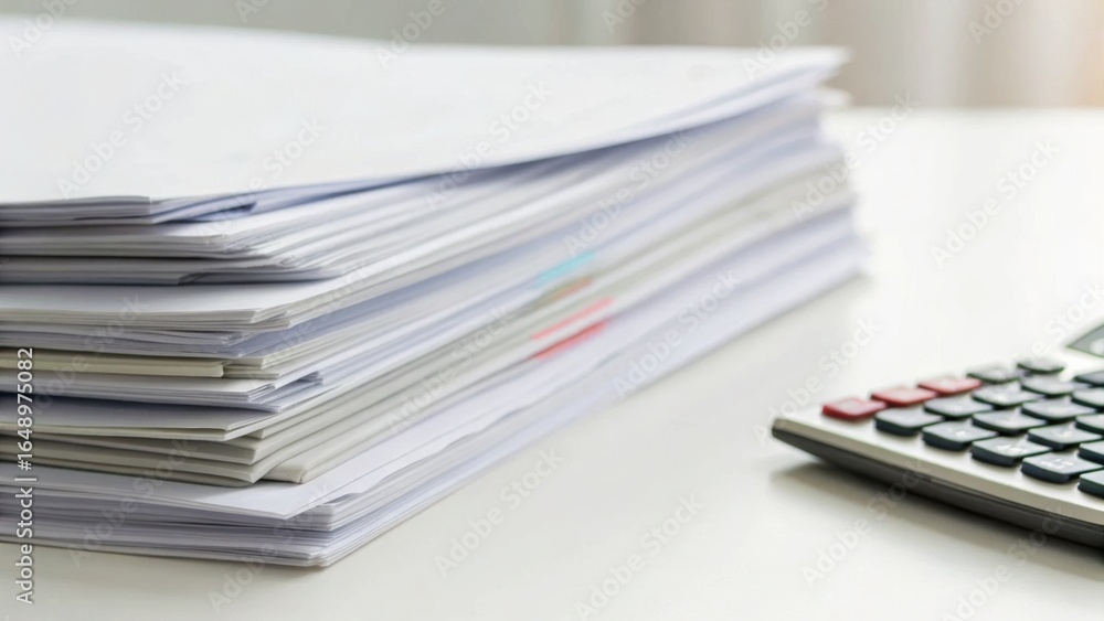 Poster a stack of documents sits next to a calculator on a desk, symbolizing work and organization in an of